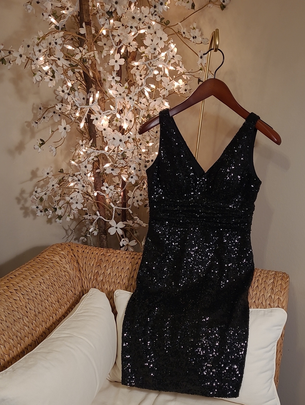Black Sequin V-Neck Women's Dress